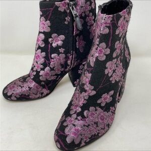 Sam Edelman Black Ankle Boots with Pink Floral Embroidery